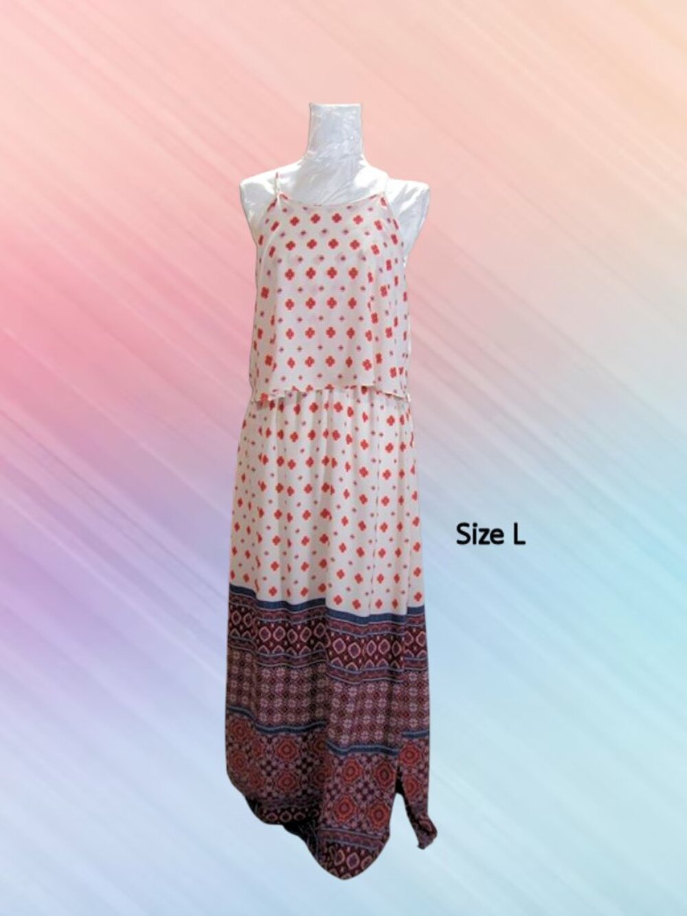 Pink Rose size L white orange printed boho maxi dress with ruffle overlay